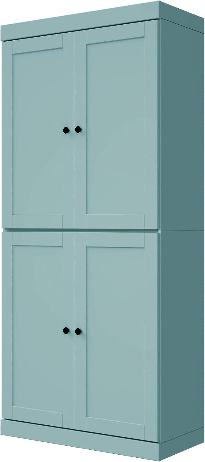 Palace Imports Solid Wood Kitchen Pantry Cabinet - 71.5" H x 32" W - Wooden Storage Cabinet w/ 4 Shaker Doors, 2 Drawers & 4 Adjustable Shelves, Aqua, 100% Renewable Eco-Friendly Wood, Made in Brazil