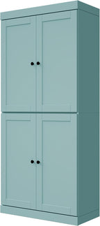 Palace Imports Solid Wood Kitchen Pantry Cabinet - 71.5" Tall x 32" Wide - Wooden Storage Cabinet with 4 Shaker Doors & 4 Adjustable Shelves, Aqua, 100% Renewable Eco-Friendly Wood, Made in Brazil
