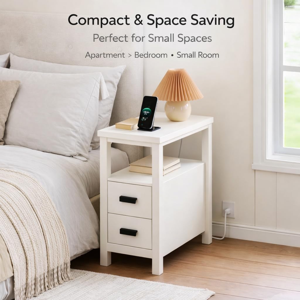 End Table with Charging Station, Nightstand with USB Ports & Outlets, Wood Side Table with 2 Drawers & Storage Shelf for Bedroom,Walnut (White)