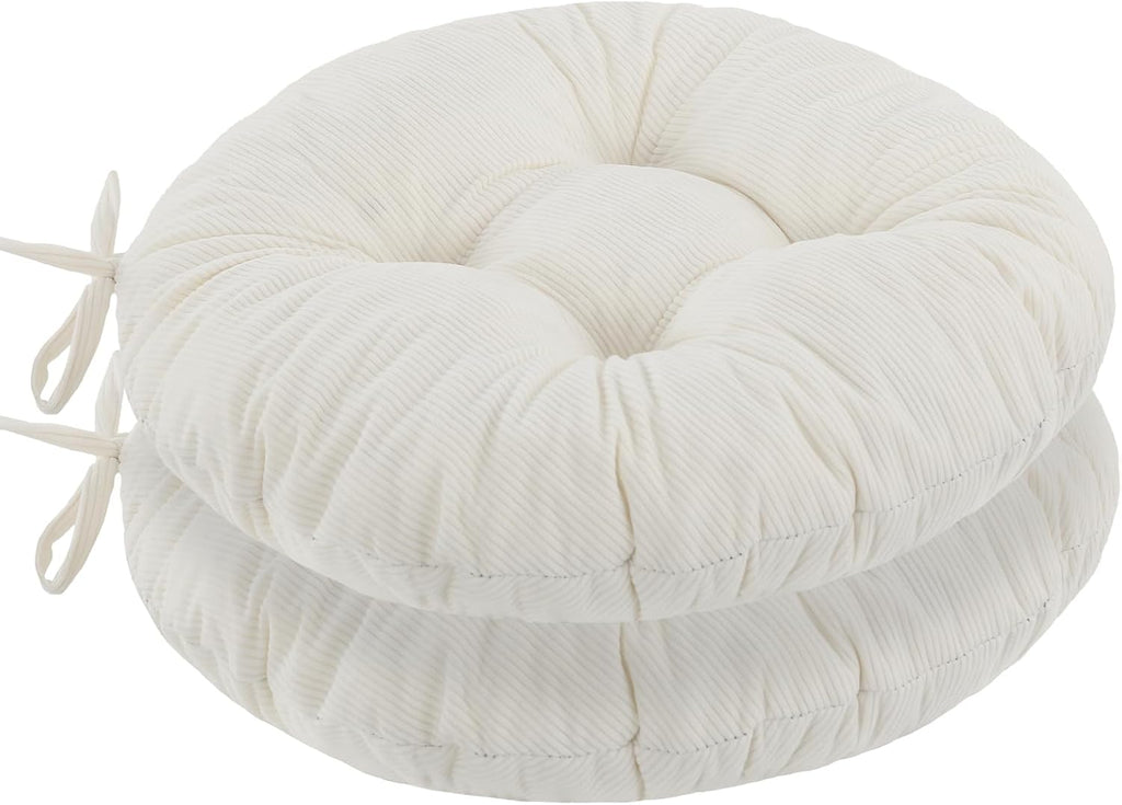 idee-home Round Chair Cushions Set of 2, Round Stool Seat Cushion 16 inch, Circle Chair Pads Corduroy with Ties Indoor Barstool Pads for Kitchen, Beige