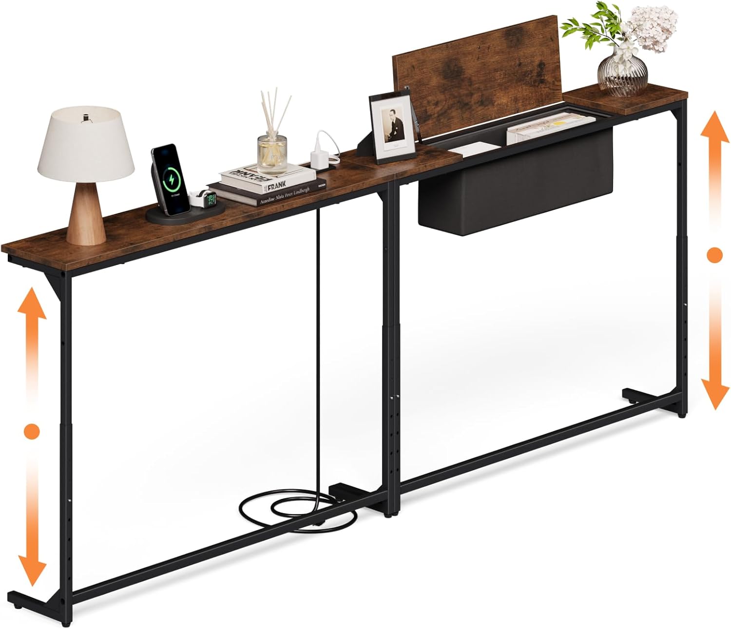 LIFECHOVY 78.8 Inch Narrow Console Table with Power Outlets, 25.2"-35" Adjustable Height Skinny Behind the Couch Table with Fabric Storage, Long Sofa Table for Living Room, Entryway, Rustic Brown