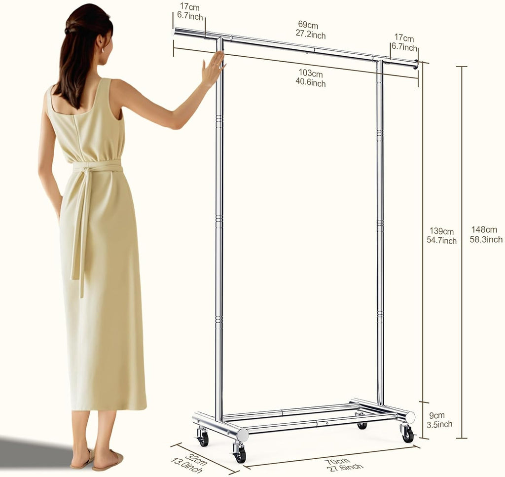 TigerParty Clothes Rack for Hanging Clothes, Sturdy Stainless Steel Clothing Rack, Extendable & Adjustable Rolling Garment Rack with Wheels for Bedroom Laundry Living Room, Silver