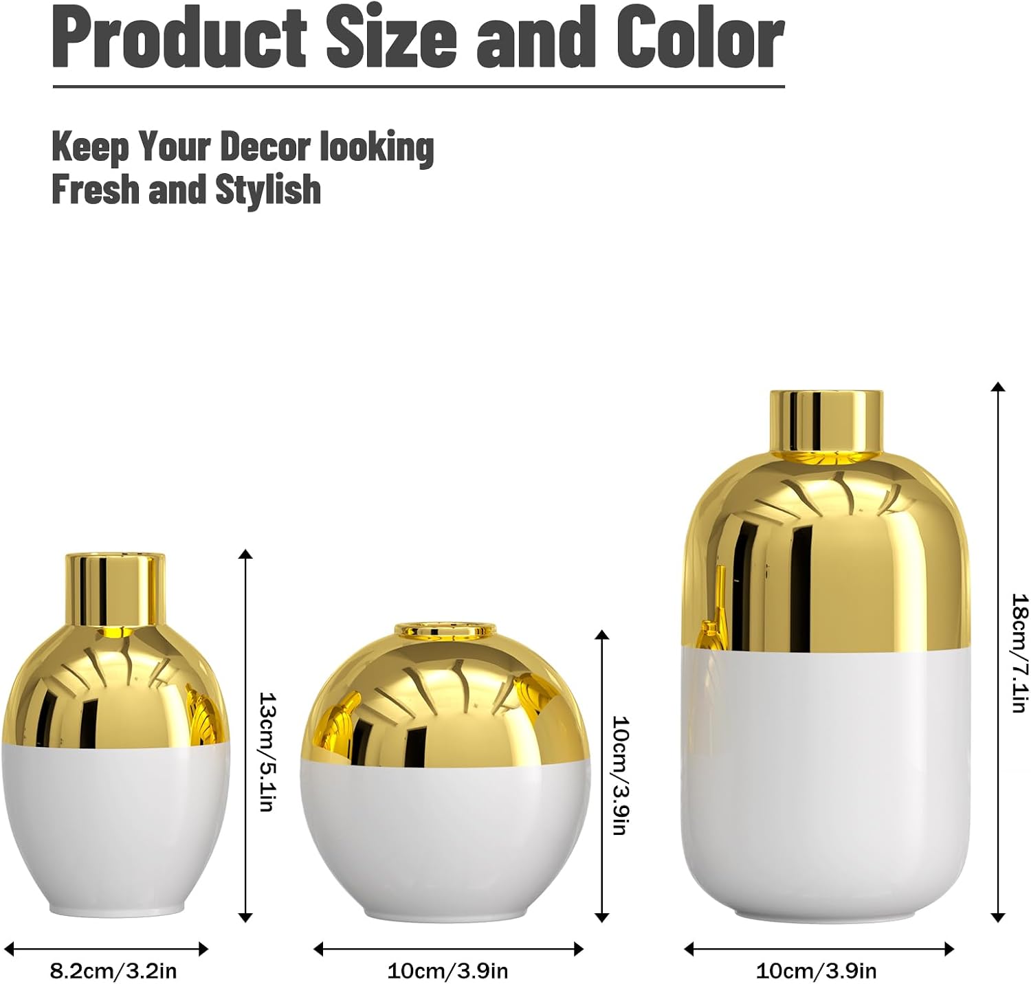 White and Gold Ceramic Flower Vase Set of 3,Glossy Gold Modern Round Decorative Vases for Pampas Grass Home Decor,Bedroom,Office,Living Room,Bookshelf,Wedding,Bathroom Table Centerpiece (White)