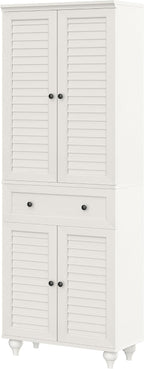 80" Tall Storage Cabinet with Louvered Doors and Adjustable Shelves, Farmhouse Kitchen Pantry Cabinet, Freestanding Storage for Dining Room, Living Room, Home Office, Bathroom, Rustic White