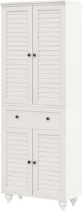 80" Tall Storage Cabinet with Louvered Doors and Adjustable Shelves, Farmhouse Kitchen Pantry Cabinet, Freestanding Storage for Dining Room, Living Room, Home Office, Bathroom, Rustic White