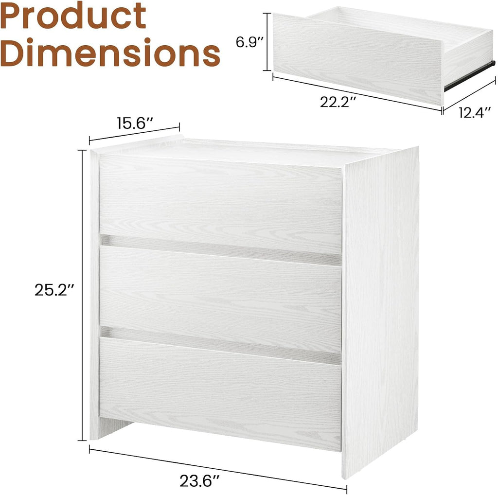 End Table with 3 Drawers,Bedside Table with Large Storage Cabinet, Modern Night Stand for Bedroom & Living Room, 23.6" W x 15.6" D x 25.2" H,White