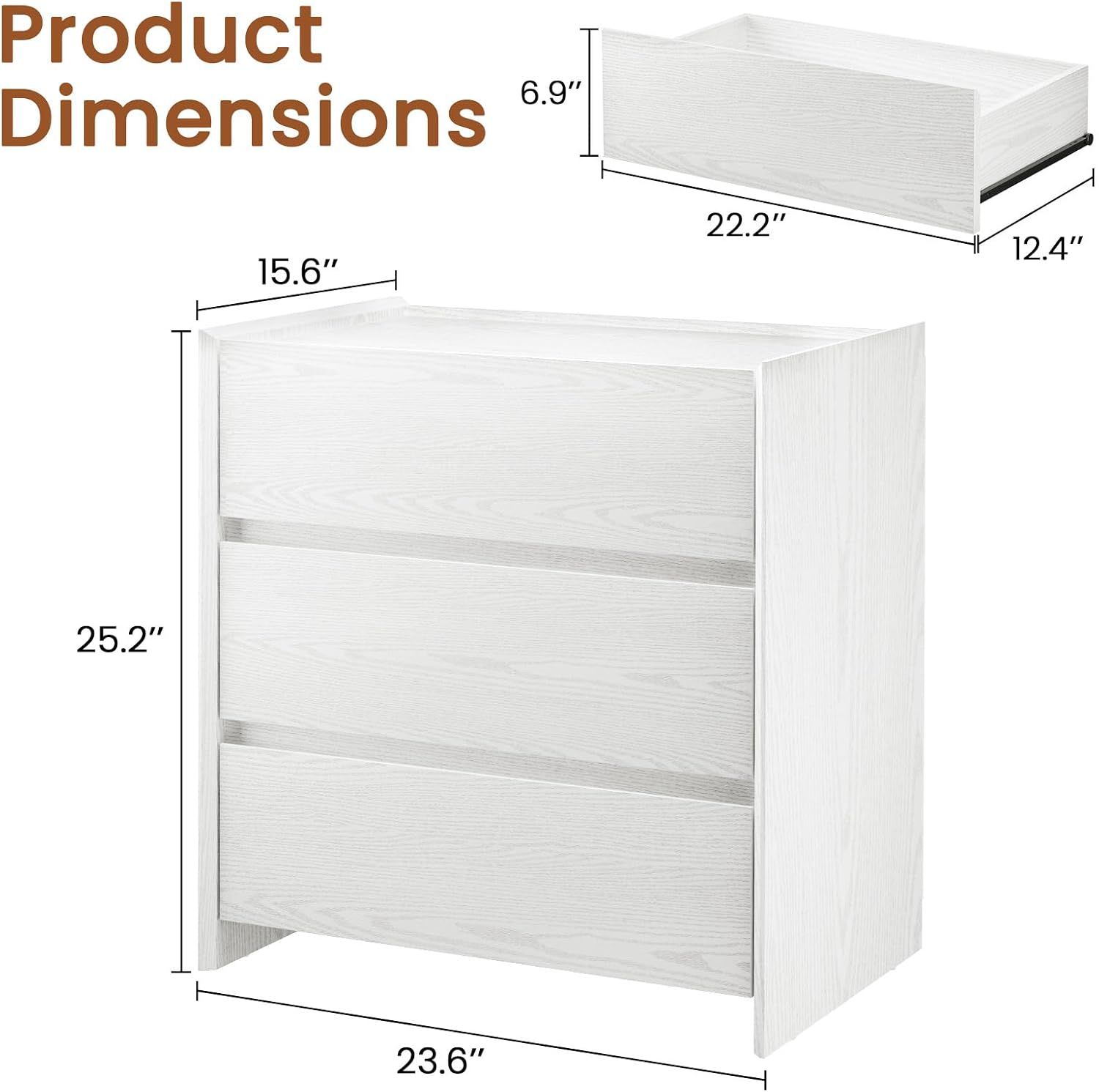 End Table with 3 Drawers,Bedside Table with Large Storage Cabinet, Modern Night Stand for Bedroom & Living Room, 23.6" W x 15.6" D x 25.2" H,White