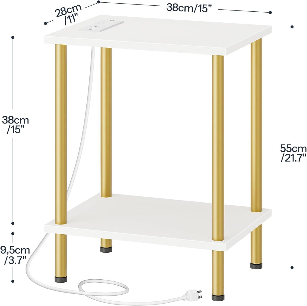 HOOBRO Side Table with Charging Station, End Table with USB Port and Outlet, Nightstand with 2-Layer Storage Shelves for Small Spaces, Living Room, Bedroom, Stable Frame, White and Gold DW09UBZ01