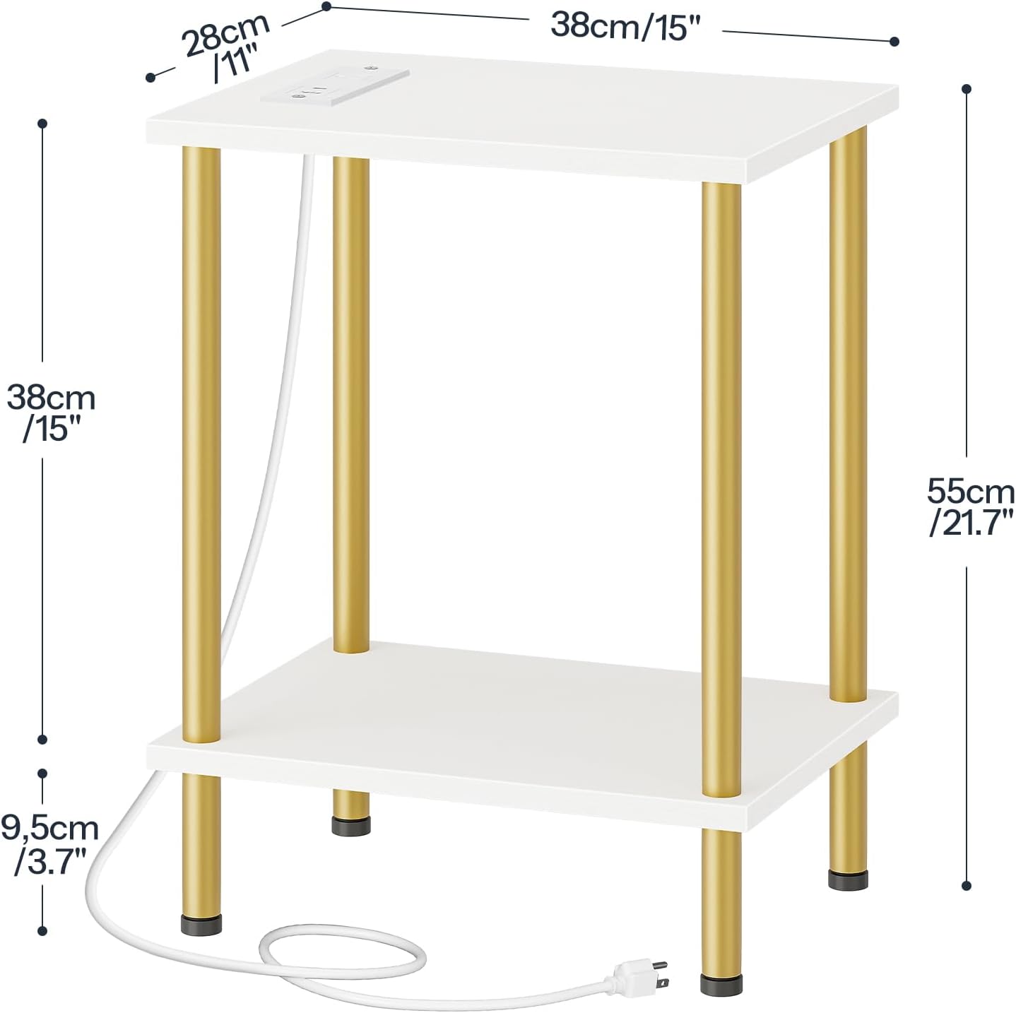 HOOBRO Side Table with Charging Station, End Table with USB Port and Outlet, Nightstand with 2-Layer Storage Shelves for Small Spaces, Living Room, Bedroom, Stable Frame, White and Gold DW09UBZ01