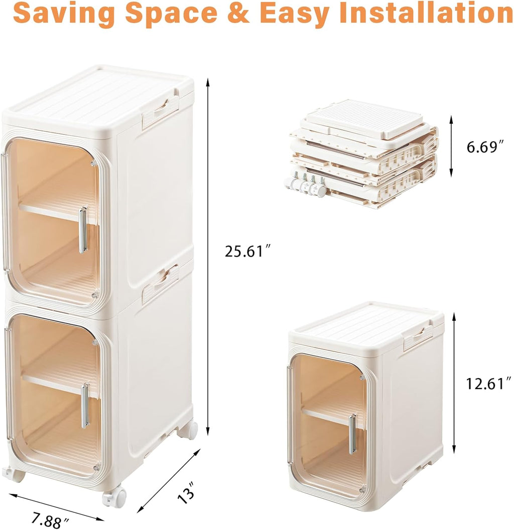 2-Tier Slim Bathroom Storage Cabinet, Narrow Storage Cabinet with Wheels, Adjustable Shelves, Magnetic Doors, Water-Proof, Anti-Tip Skinny Organizer Cabinet for Small Space, Cream White