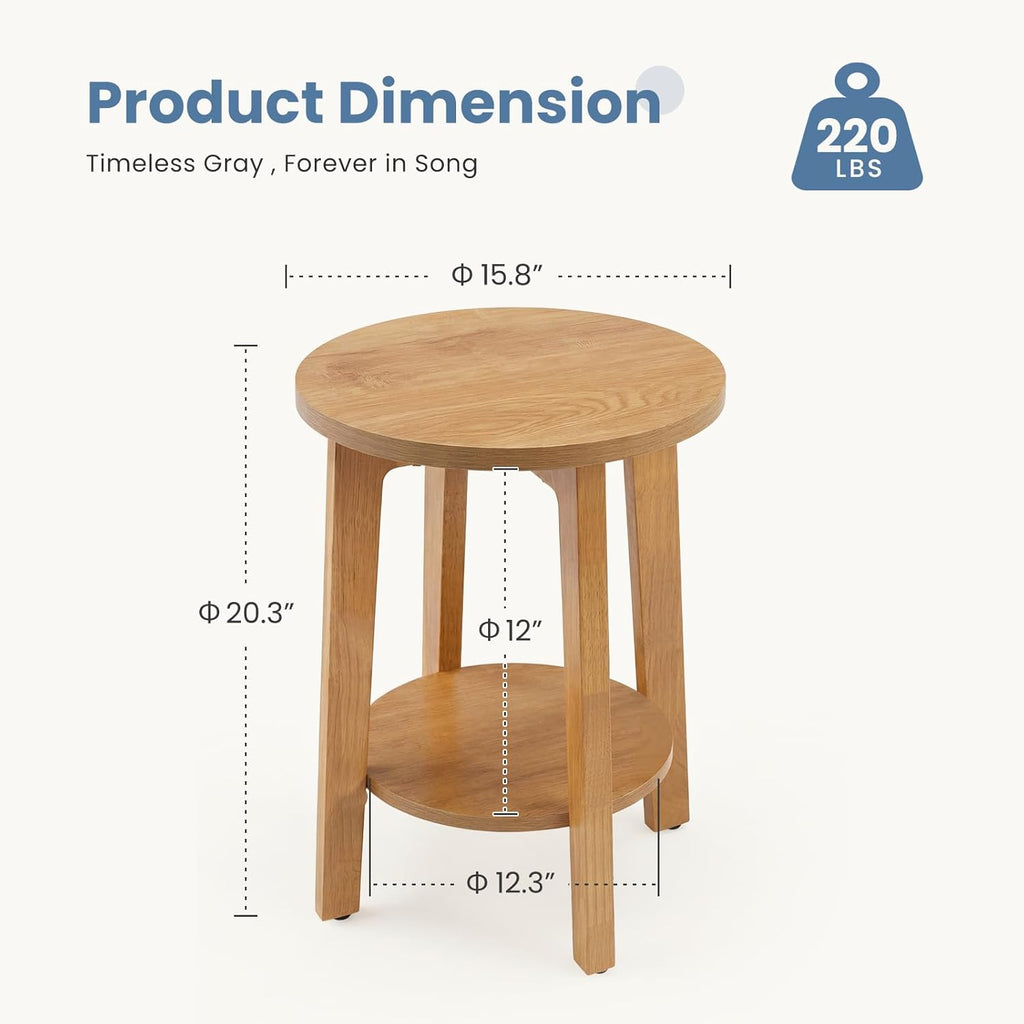 DUMOS Small Round Side Tables for Small Spaces, 2-Tier Boho End Table with Storage Shelf, Sturdy Simple Trending Bedside Nightstand with Non-Slip Pads for Living Room, Bedroom, Natural Wood