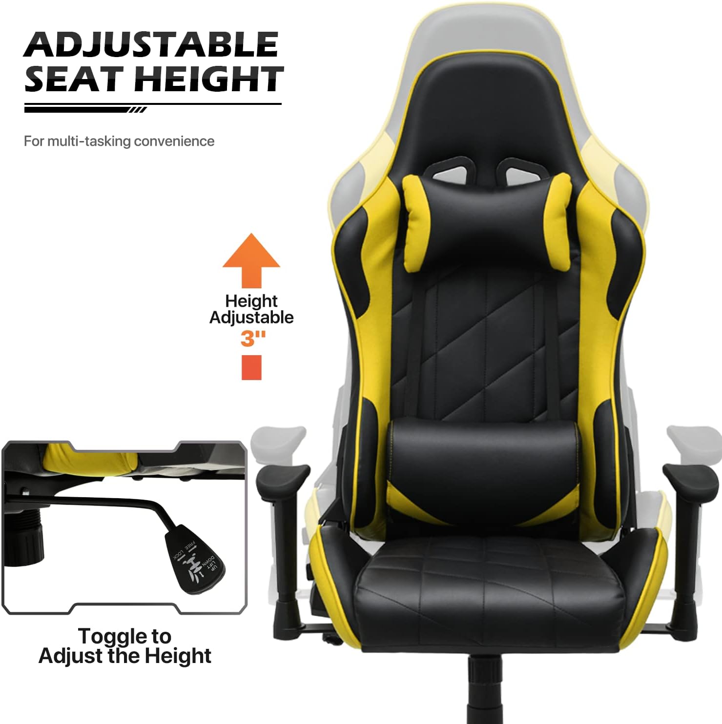MoNiBloom Gaming Chair Racing Style High-Back Reclining Ergonomic Swivel Chair with Adjustable Headrest and Lumbar Support, PU Leather Executive Chair for Home Office Gaming, Yellow