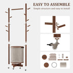 CycleCrew Solid Wood Coat Rack with Fabric Basket - Freestanding Coat Rack Rolling Coat Tree with 9 Hooks Wheels, Small Clothes Rack For Entryway Bedroom Hallway Living Room