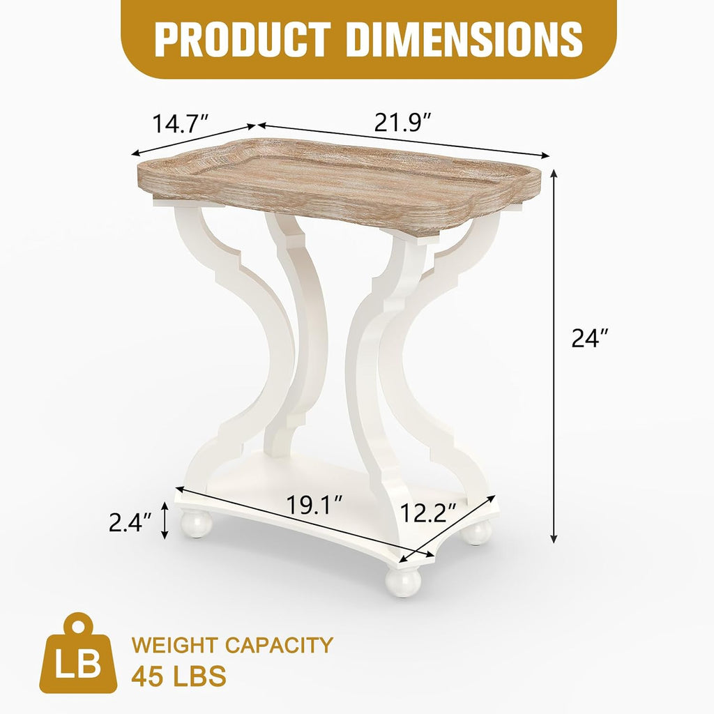 Farmhouse End Table, 24" H Rustic Side Table with Storage Shelf, French Country Distressed End Table for Living Room Bedroom, Cream White