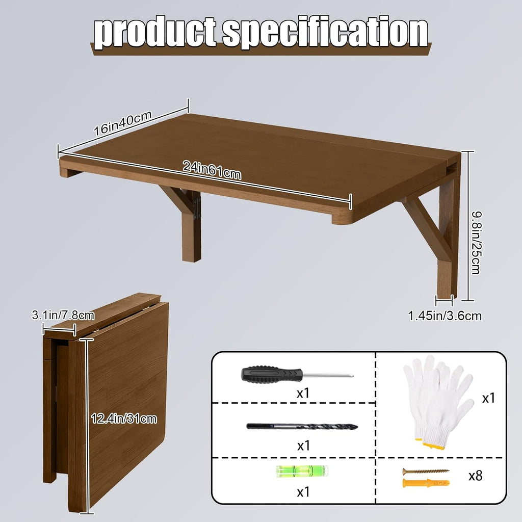 MM MELISEN Wall Desk - 24x16 Inch, Walnut Color Compact Desk for Laundry Room or Kitchen Area. Solid Wood fold-Down Surface for Daily tasks. Stores Flat When not in use