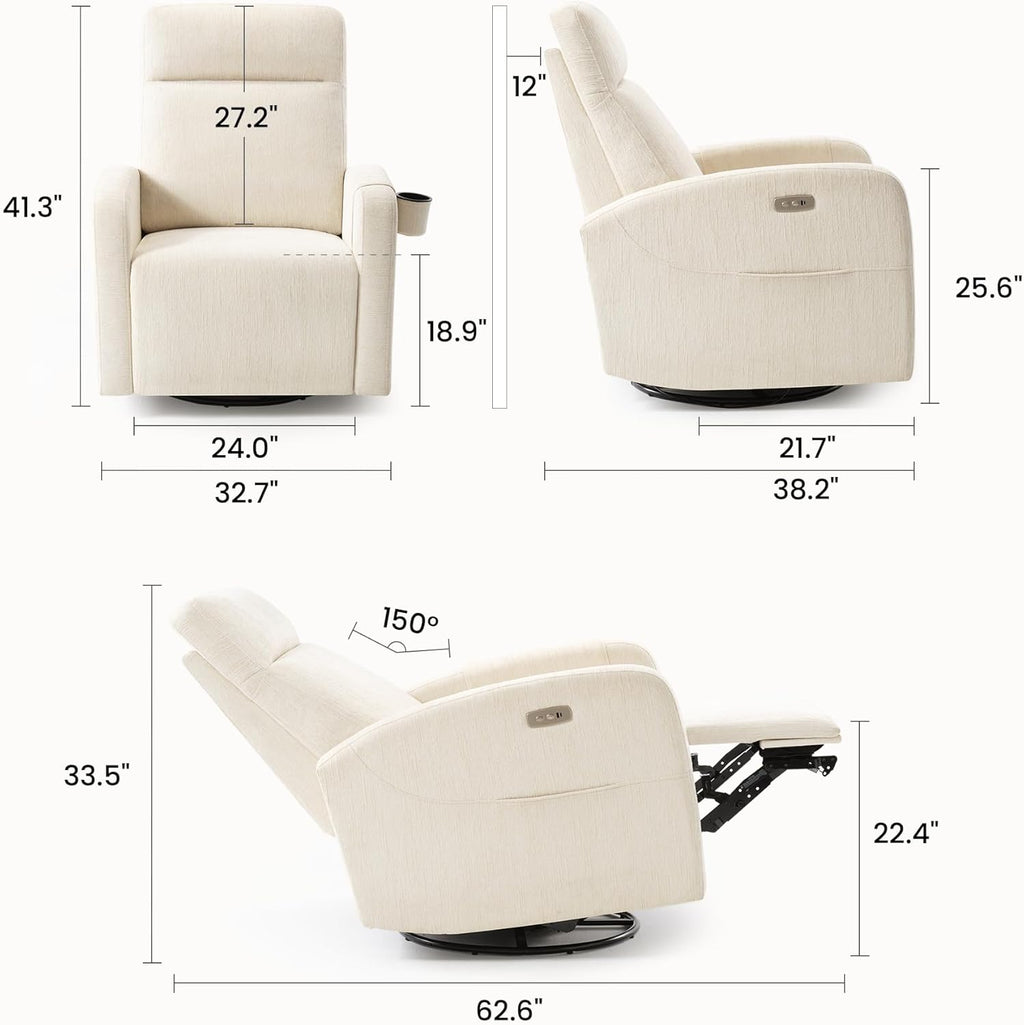 Power Recliner Chair Swivel Glider, Swivel Nursery Glider Recliner, Nursery Rocking Chair with Adjustable Headrest, Nursery Glider Recliner with USB & Type-C Charging Ports, OEKO-TEX Fabric, Beige