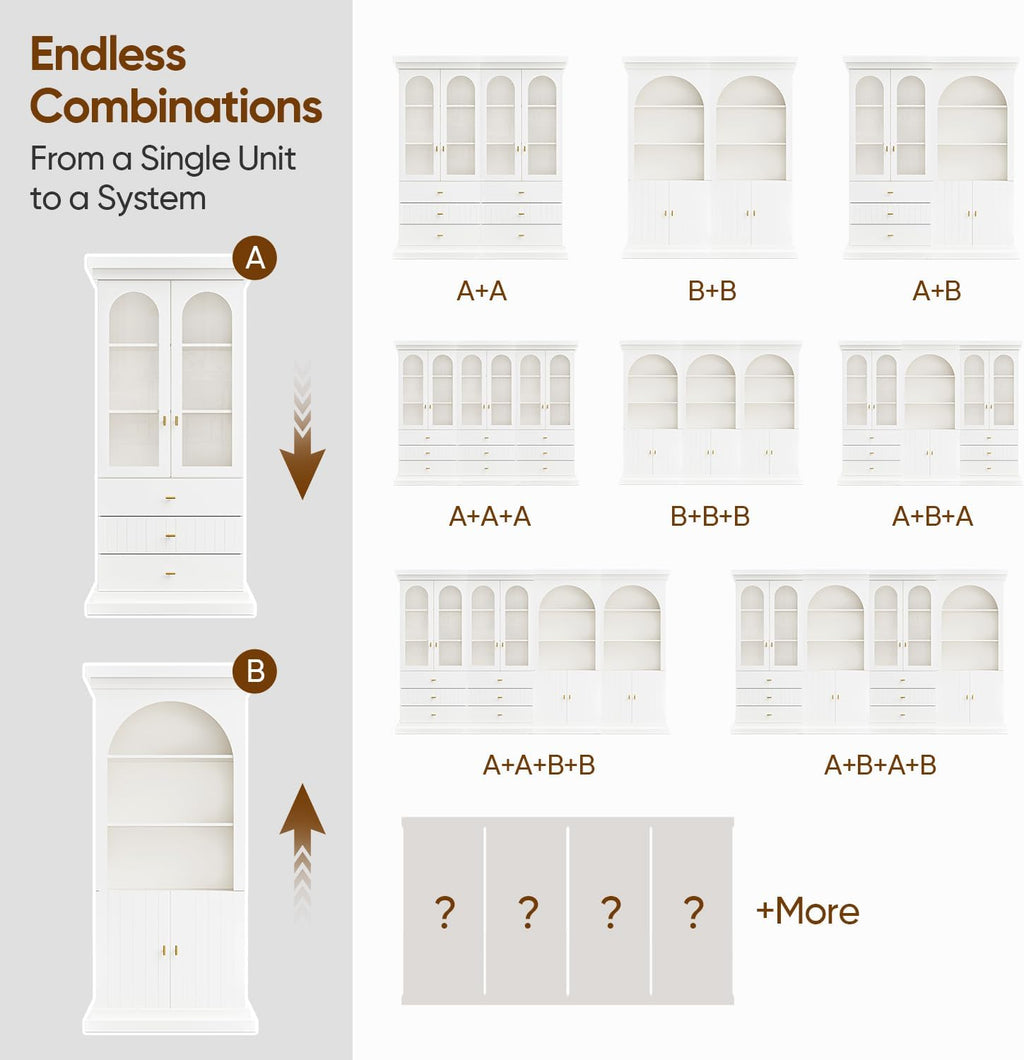 71" Arched Kitchen Cabinet, Double Glass Door Display and Storage Cabinets with Drawers, Modern Pantry for Dining Room and Living Room, White with Gold Handles, 2 of Set