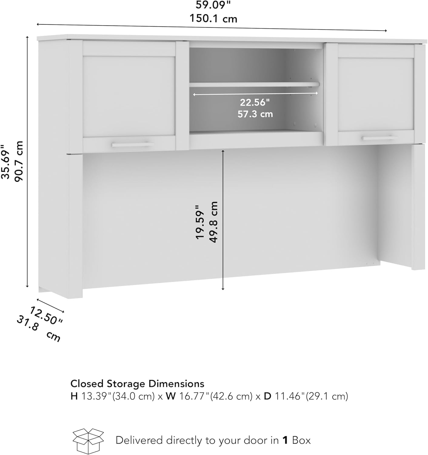 Bush Home 60-Inch Desk Hutch, Office Storage Organizer with Shelves, Cubbies and Frosted Glass Doors for Computer Desk, Home Office Furniture, Somerset Collection, White