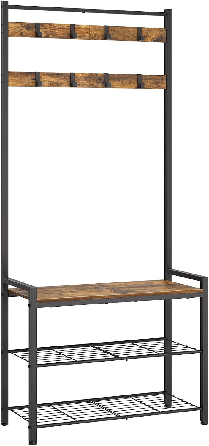 YATINEY Hall Tree, Coat Rack with Shoe Bench, Entryway Bench with Shoe Storage, Multifunctional Entryway Storage Organizer, Metal Frame and 8 Movable Hooks, for Hallway, Rustic Brown MT01BR