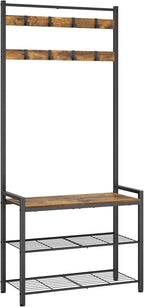 YATINEY Hall Tree, Coat Rack with Shoe Bench, Entryway Bench with Shoe Storage, Multifunctional Entryway Storage Organizer, Metal Frame and 8 Movable Hooks, for Hallway, Rustic Brown MT01BR