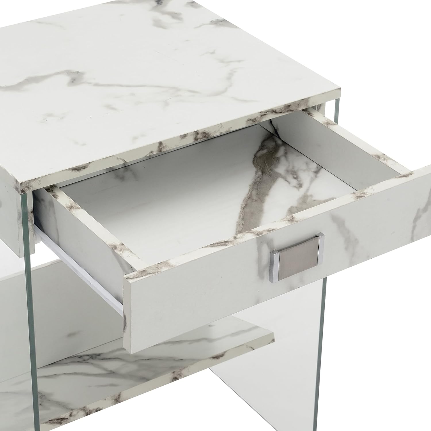 Convenience Concepts SoHo 1 Drawer Glass End Table 18" - 2 Tier Modern, Contemporary Square Side Accent with Storage Shelf for Living or Family Room, White Faux Marble