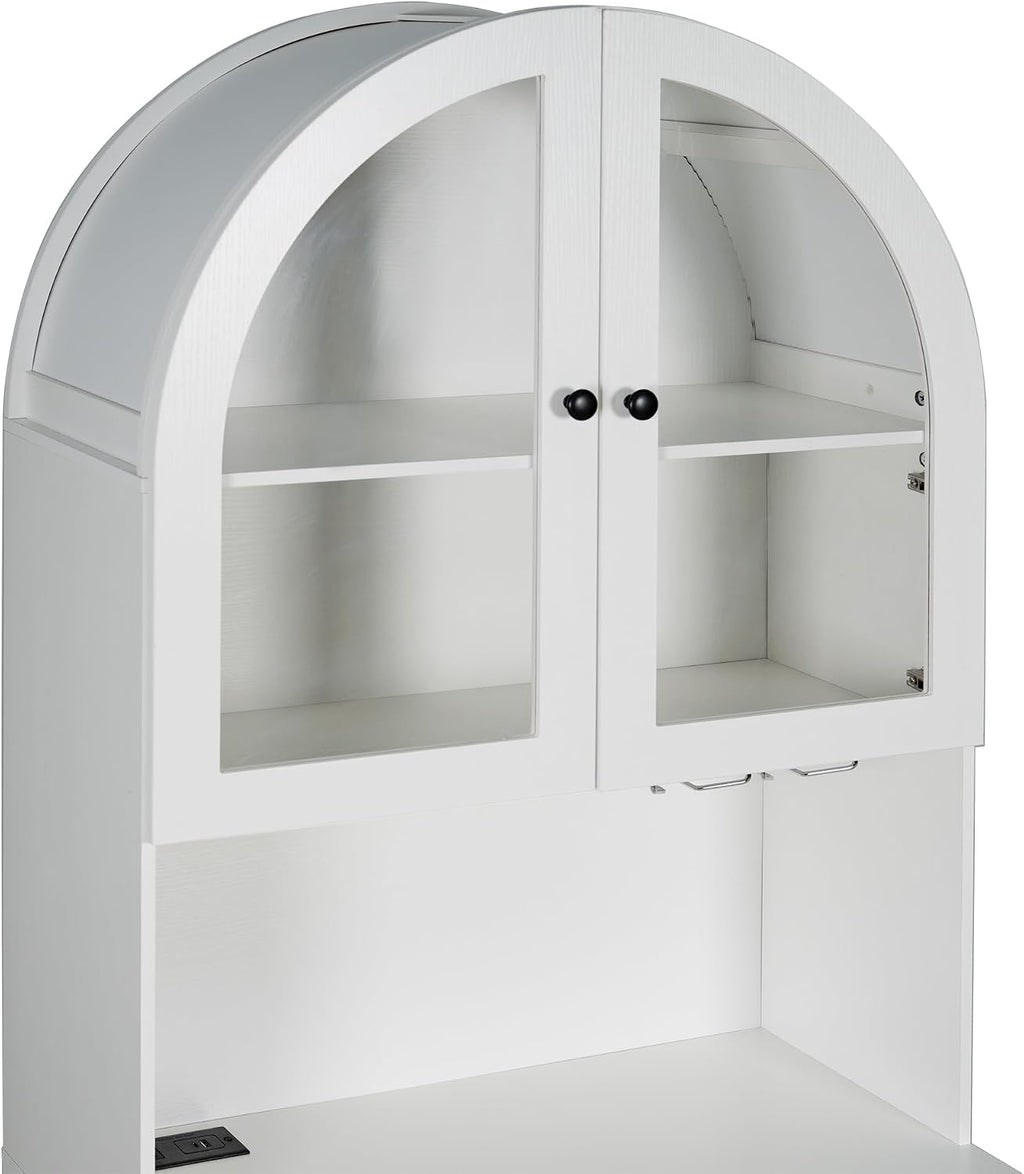75" Tall Arched Kitchen Pantry Cabinet with Charging Station, Farmhouse Hutch Storage Cabinet with 5-Tier Shelves and 2 Drawers, Home Bar White Cupboard for Kitchen, Dining Room, Living Room(White)