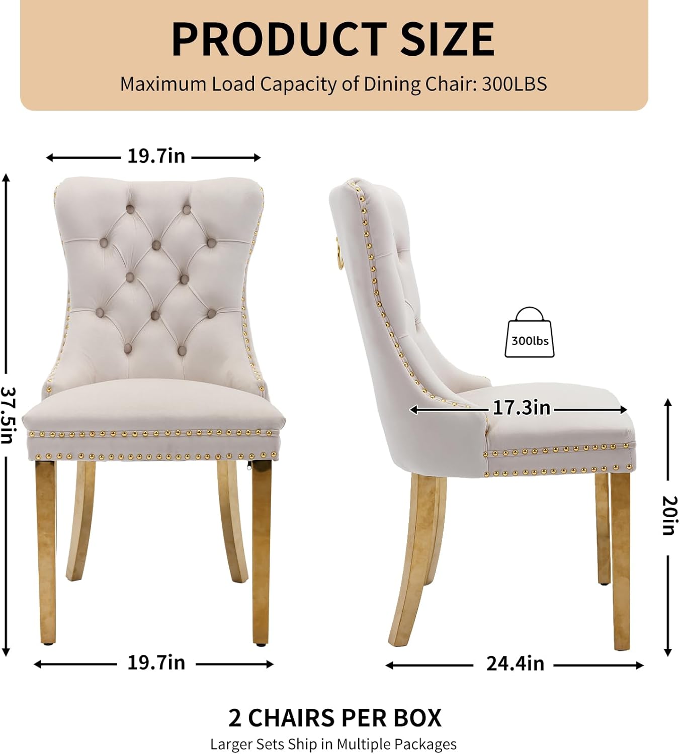 Velvet Dining Chairs Set of 6, Tufted Upholstered High Wingback Chairs with Nailhead Trim & Pull Ring, Golden Stainless Steel Legs for Dining Room, Sillas de Comedor, Beige