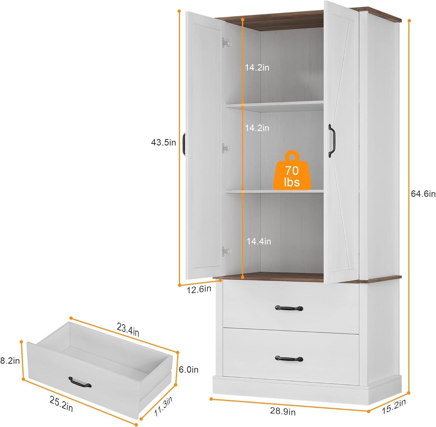 GarveeHome Kitchen Pantry Cabinet, Farmhouse Storage Cabinet with Barn Doors, Drawers and Adjustable Shelves, Versatile Storage for Kitchen, Dining Room, Rustic White