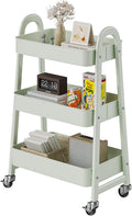 DUMOS 3 Tiers Metal Rolling Utility Cart with Lockable Wheels, Mobile Storage Organizer, Utility Shelving Unit for Kitchen, Office, Bathroom, Laundry, Narrow Places, Light Green