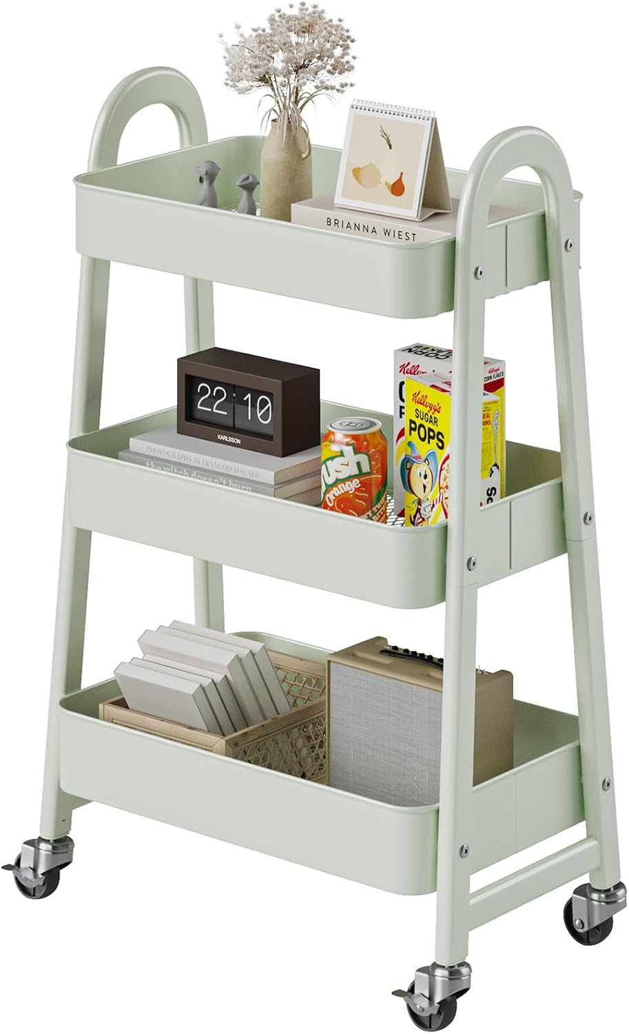 DUMOS 3 Tiers Metal Rolling Utility Cart with Lockable Wheels, Mobile Storage Organizer, Utility Shelving Unit for Kitchen, Office, Bathroom, Laundry, Narrow Places, Light Green