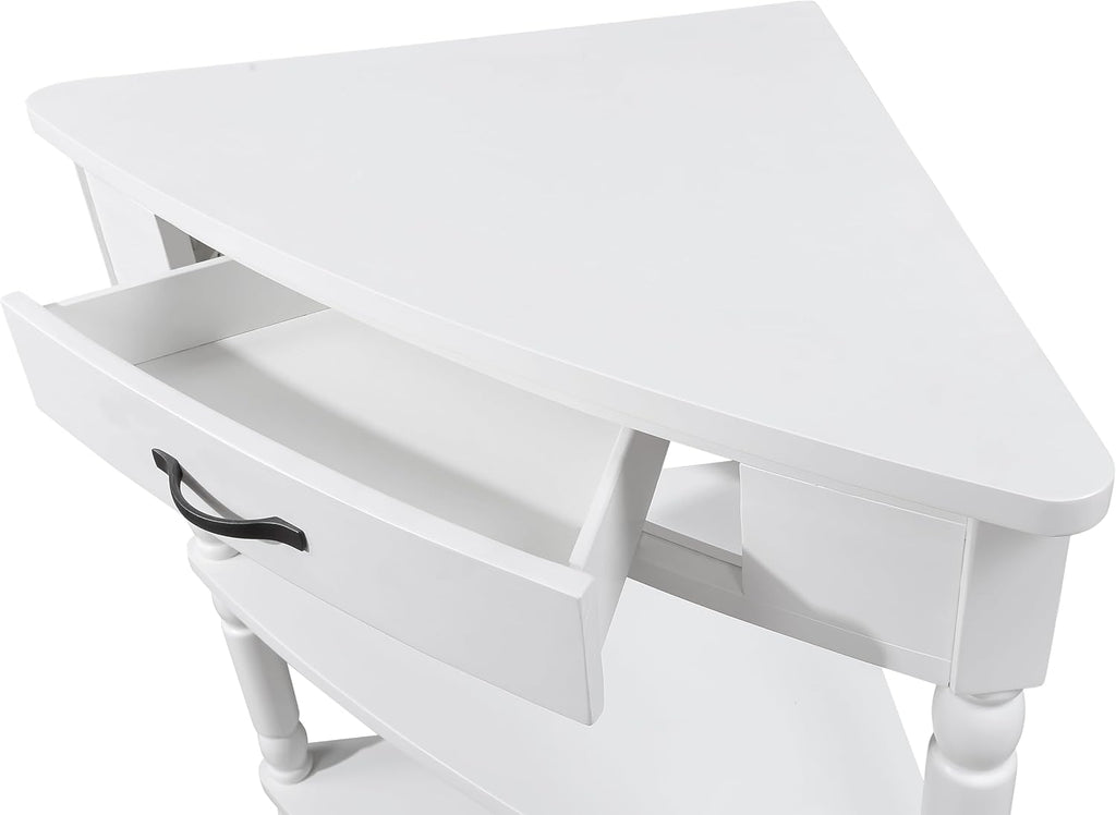 Corner Side Table, 3-Tier Triangle End Table with Drawer and Solid Wood Legs, 33.86" Small Space Storage, Milk White