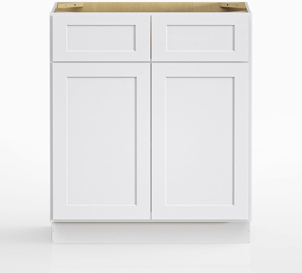 30 Inch White Shaker RTA Kitchen Base Cabinet, 30 W x 24 D x 34.5 H Floor Storage Cabinet with 2 Drawers and 2 Doors, Plywood Box, HDF Doors, Ready to Assemble
