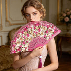 Floral Lace Folding Hand Fan with Tassel, Vintage Chinese Style Foldable Fan, Elegant Handheld Fans for Women, Wedding Party, Cosplay, Home Decor (Magenta)