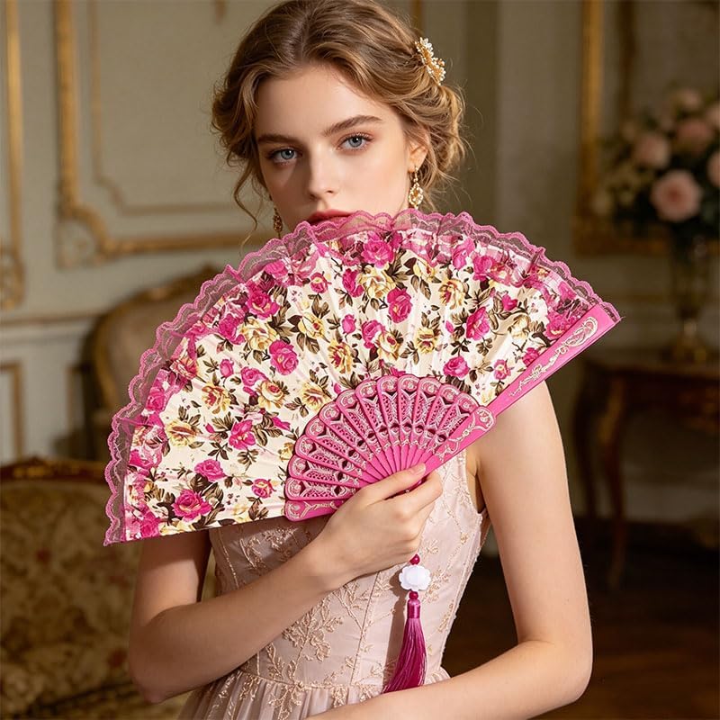 Floral Lace Folding Hand Fan with Tassel, Vintage Chinese Style Foldable Fan, Elegant Handheld Fans for Women, Wedding Party, Cosplay, Home Decor (Magenta)