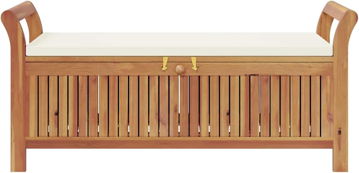 Gecheer Garden Storage Bench with Cushion 126 cm – Solid Acacia Wood Outdoor Storage Seat for Patio, Deck, or Yard