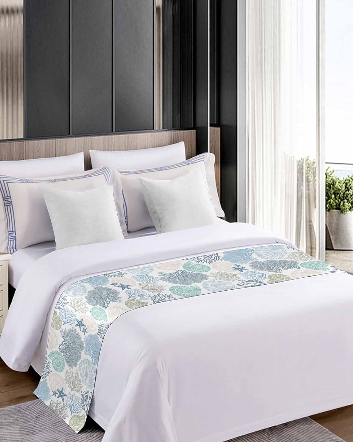 Blue Teal Coral Bed Runners for Queen Size Bed, Bed Throws for Foot of Bed, Summer Beach Starfish Coastal Modern Geometric Bed Runner Sofa Throw Bedding Scarf Protector Slipcover for Bedroom