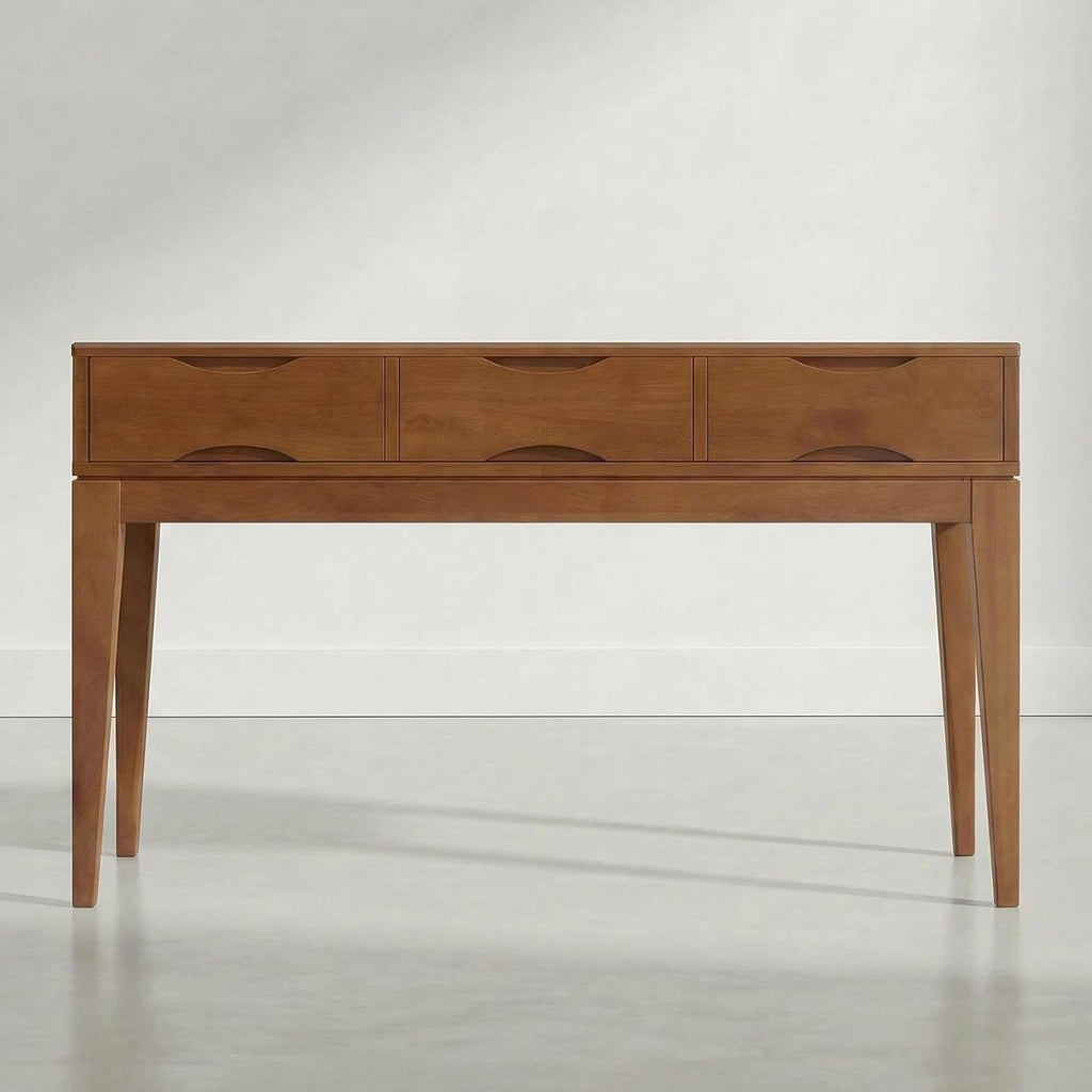 SIMPLIHOME Harper Console Table - 54 Inch Wide Solid Wood Sofa Table in Tawny Brown Teak, Mid-Century Modern Storage Table for Entryway or Living Room with 3 Drawers, Notched Handles, and Tapered Legs