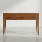 SIMPLIHOME Harper Console Table - 54 Inch Wide Solid Wood Sofa Table in Tawny Brown Teak, Mid-Century Modern Storage Table for Entryway or Living Room with 3 Drawers, Notched Handles, and Tapered Legs