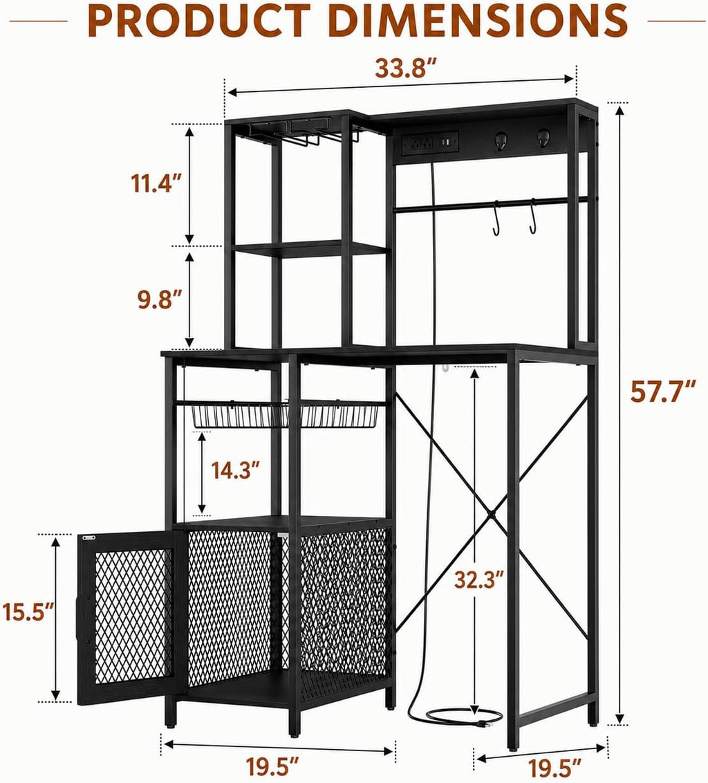 IDEALHOUSE Kitchen Bakers Rack with Refrigerator Storage Space, Industrial Microwave Stand with Power Outlet, Freestanding Kitchen Shelf for Pantry Living Room, 33.9 x 19.7 x 58.1 Inches, Black