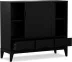 SIMPLIHOME Harper Medium Storage Cabinet - 48 inch Wide Solid Hardwood Sliding Door Cabinet in Black, Mid-Century Modern Cupboard for Living Room or Entryway with 3 Drawers and Tapered Legs