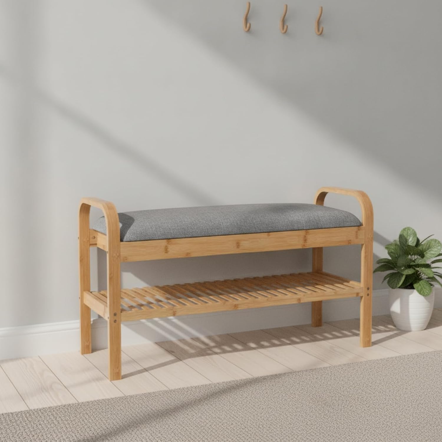 Children Footstool Organizer Bench with Upholstered Seat and Bamboo Shoe Rack Sturdy Build with Straight Legs Rounded Handles for Easy Carry Suitable for entryway Nursery Living Room Hallway