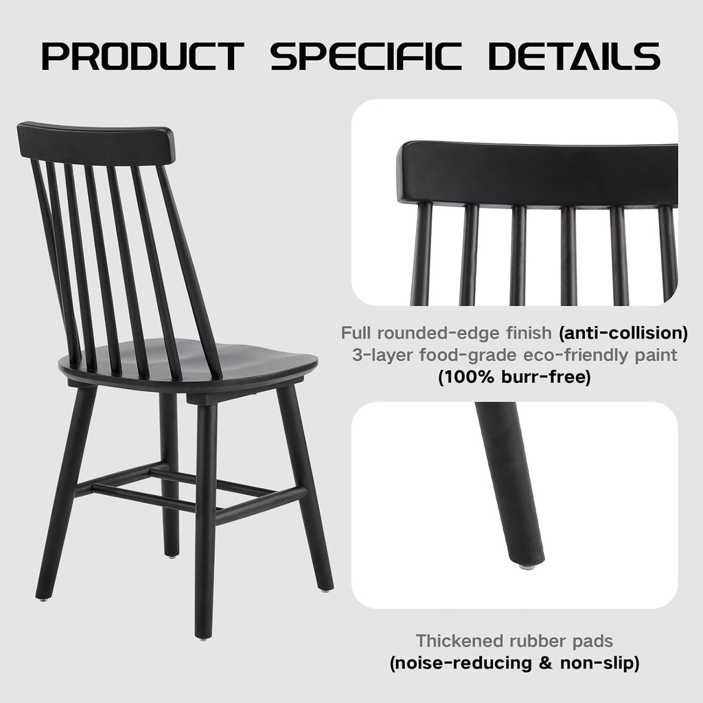 Black Dining Chairs Set of 6, 100% Solid Wood Farmhouse Kitchen Chairs, Armless Cottage Dinner Chair with Spindle Back, Windsor Dining Room Chairs for Kitchen (2 Boxes)