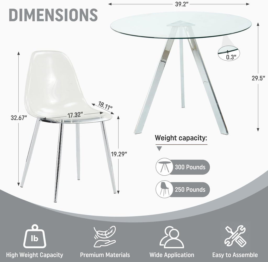 Round Dining Table Set for 4, 39" Clear Tempered Glass Table with Sliver Metal Legs and 4 Transparent Acrylic Chairs, Compact Modern Kitchen Table Set for Small Space Dining Room (Sliver)