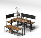 KEIKI 3-Piece Corner Dining Table Set for 4-6, Industrial Kitchen Table and Chair Sets with Storage & Bench, Farmhouse Rectangle Tables & L-shaped Seat for Living Room Breakfast Nook Restaurant, Brown