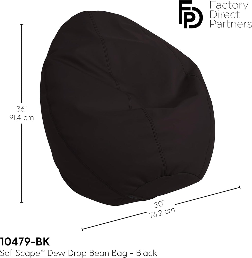 FDP SoftScape Dew Drop Bean Bag Chair with Supportive High-Back Design, For Kids, Teens and Adults, Alternative Seating for Dorms, Schools, Libraries, Daycares or Home - Black