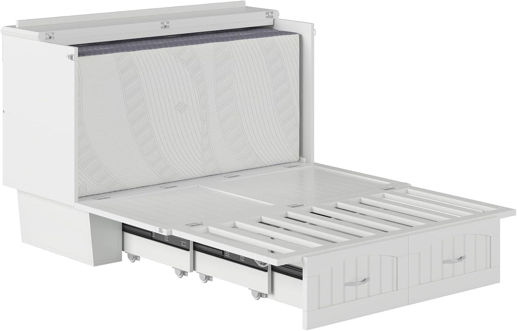 AFI, Nantucket Full Size Murphy Bed Chest with Mattress, Storage Drawer and Built-in USB Charger, White