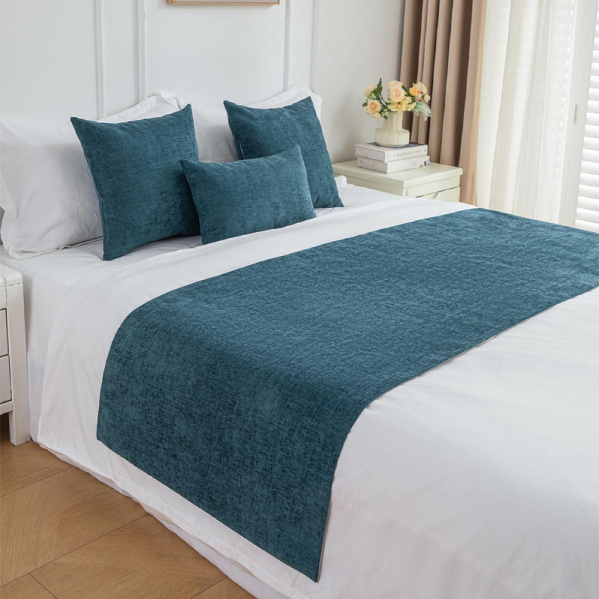 Chenille Bed Runner Soft Solid Color Bed Scarf for Twin Queen King Size Bed, Modern Minimalist, 12 Colors, 4 Sizes, Matching Pillow Covers Optional-White||2Pillowcase 30x50