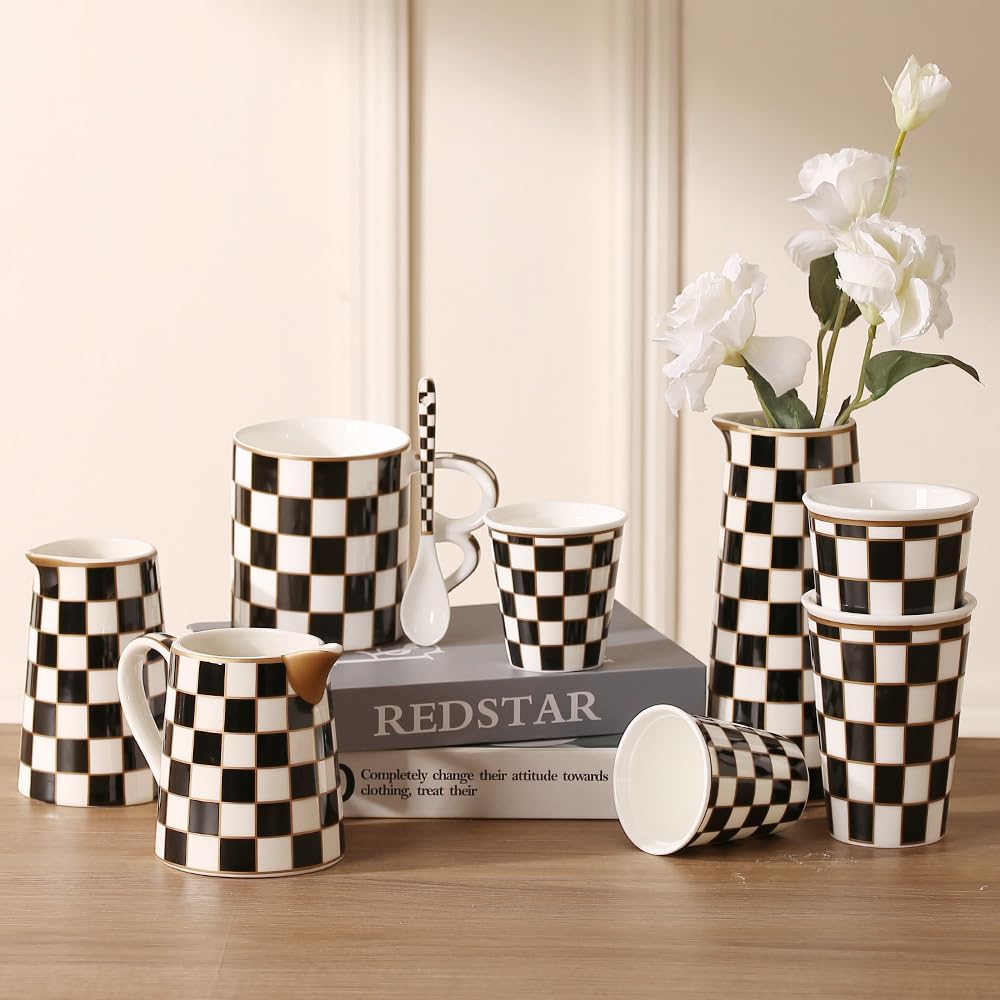 Porlien Checker Porcelain Flower Vase Home Decor Set of 2 with 5.5' High and 8' High Small Indoor Flower Bottles