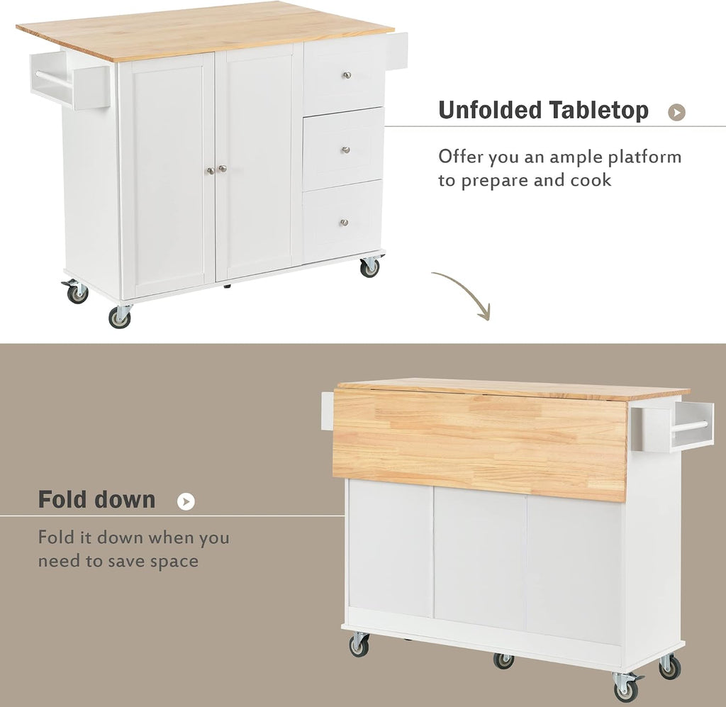 COMHOMA Mobile Kitchen Island with Solid Wood Top and Locking Wheels,Storage Cabinet and Drop Leaf Breakfast Bar,Spice Rack, Towel Rack & Drawer