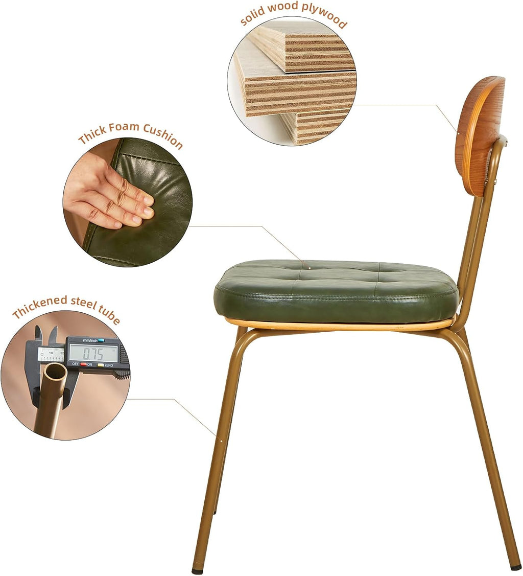 Mid Century Modern Dining Chairs Set of 6, Retro Chair with Faux Leather Upholstered Seat & Solid Wood Backrests & Vintage Distressing Metal Legs & Leg Protectors for Kitchen Dining Room (Dark Green)